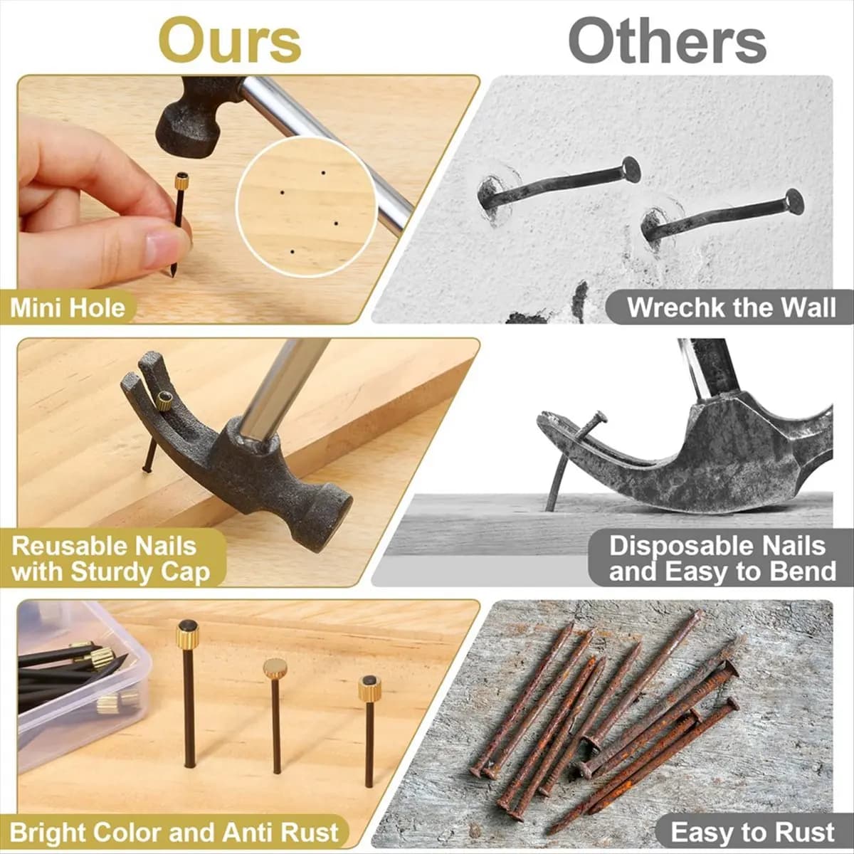BHBL 90 Pezzi Chiodi per Appendere Quadri in 3 Misure, Kit per Decorazione Murale, Ganci per Cornici su Cartongesso