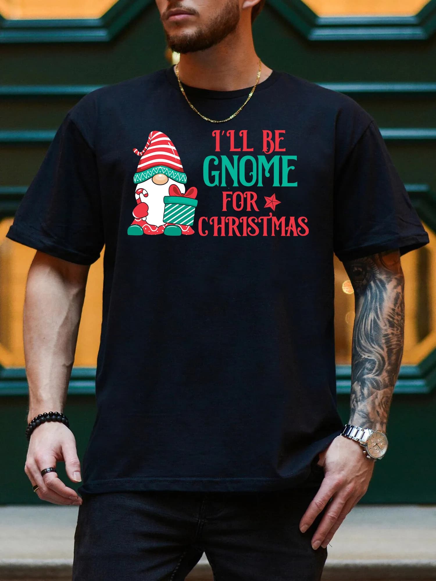 Be Gnome For Christmas T-shirt grafica da uomo, T-shirt nera casual in puro cotone, T-shirt leggera girocollo