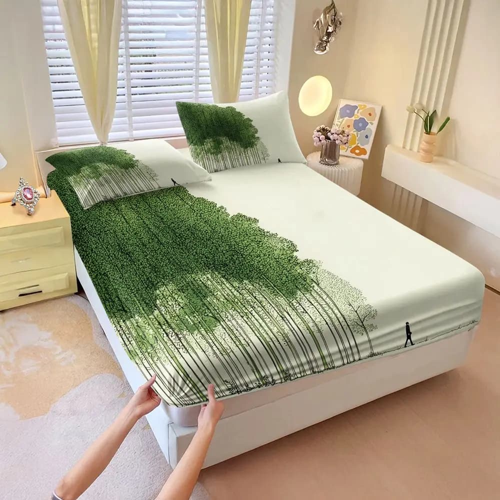 Minimal Forest Line Art Print Fitted Sheet Set Bed Sheet Set Bedding Set No Fillers HD Digital Print Aesthetic Adult Bedding