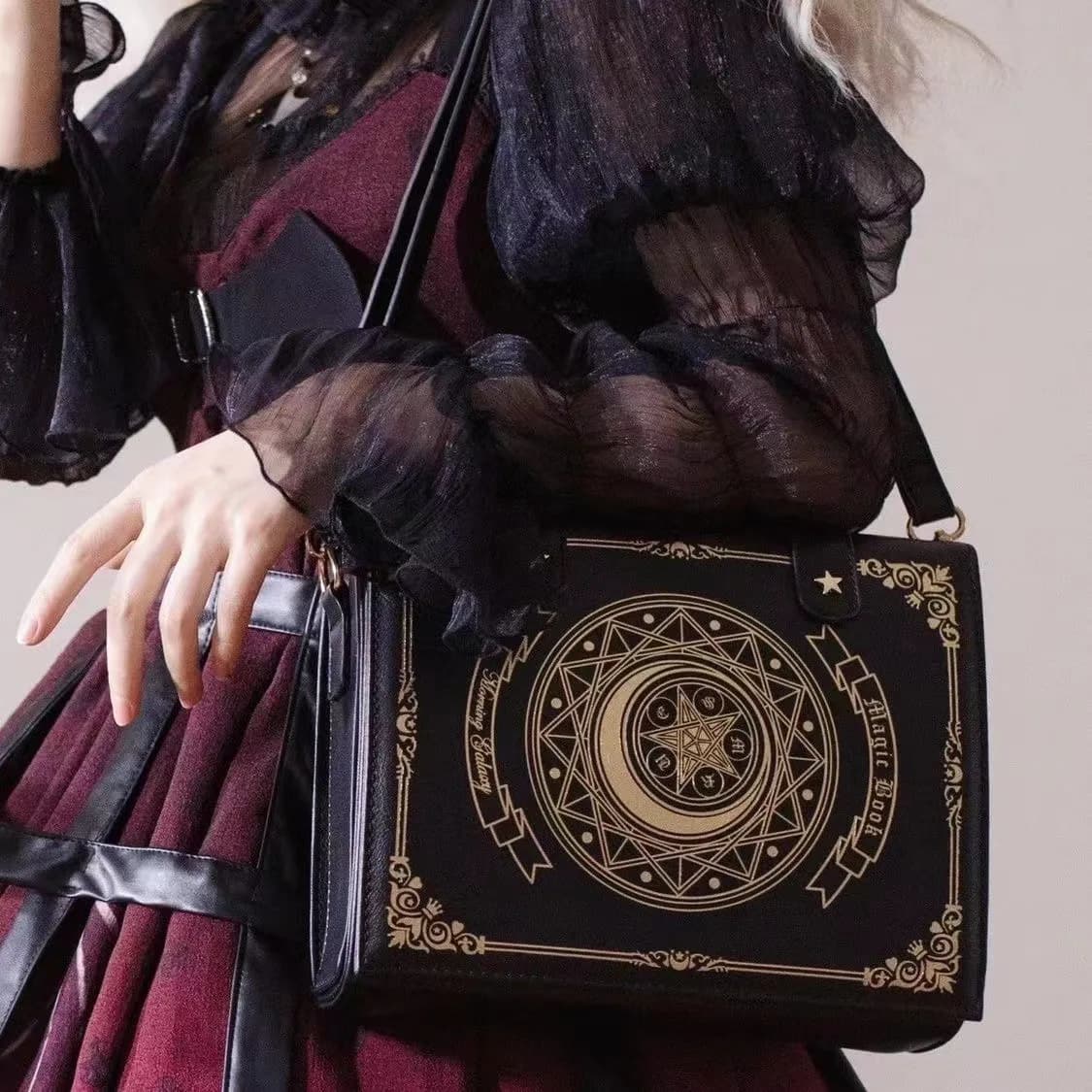 Moon Magic Book Borsa Lolita Studenti Borse a tracolla doppie con croce diagonale Zaino per ragazza Borsa con patta in pelle Zaino da donna
