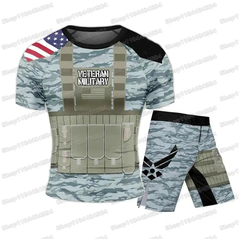 7th Popolare Army Camo WWF Rash Guards Maglia da surf Camicie da spiaggia Costumi da bagno Diving Pantaloncini da palestra MMA BJJ Uomo Jiu Jitsu Set fitness