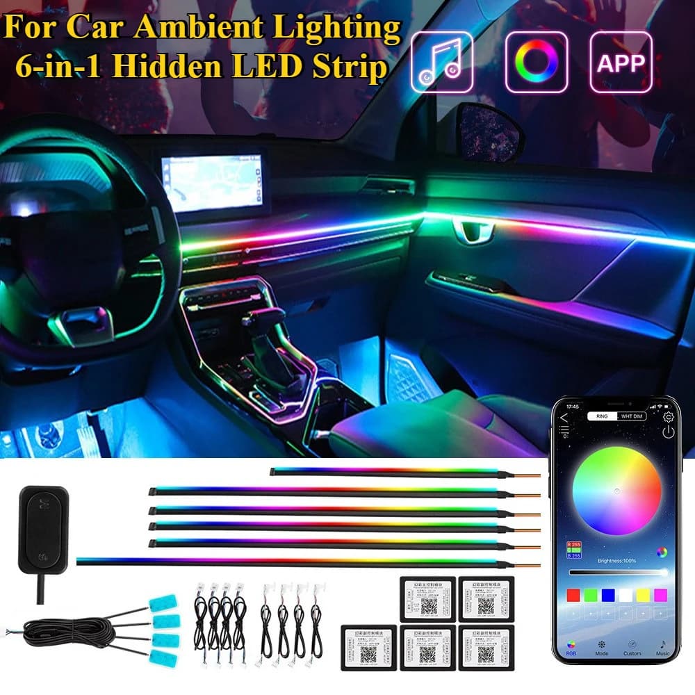 For Car Ambient Lighting 18-in-1 Hidden LED Strip 256 Color RGB Mood Light Acrylic Decorative Light Bar Universal Interior Decor