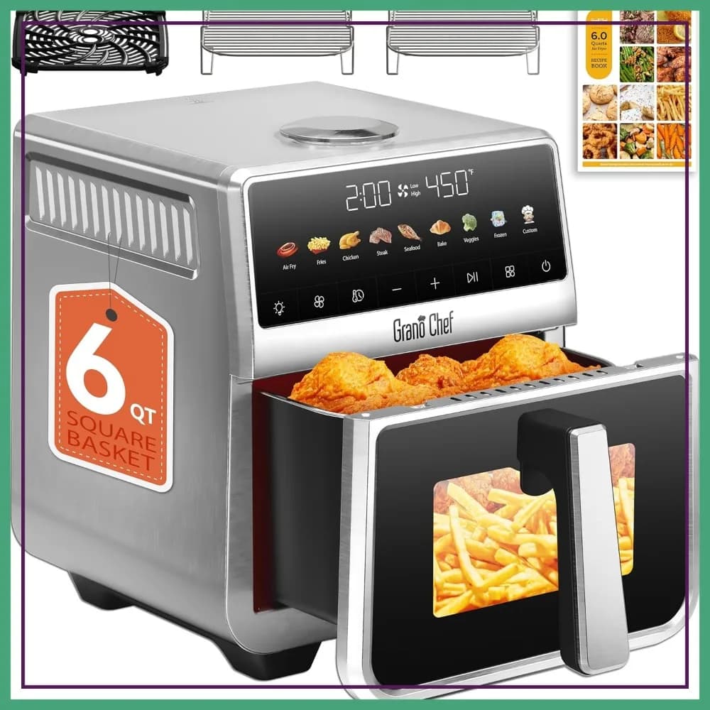 Friggitrice ad aria da 6 Qt interamente in metallo, acciaio inossidabile, senza PTFE e PFAS, 9 funzioni digitali, 1700W