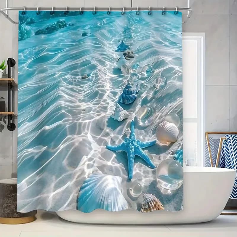 Tenda da doccia Underwater Paradise Blue Shell Starfish Ocean Waves per l'arredamento del bagno con ganci adatta per la separazione bagnata e asciutta