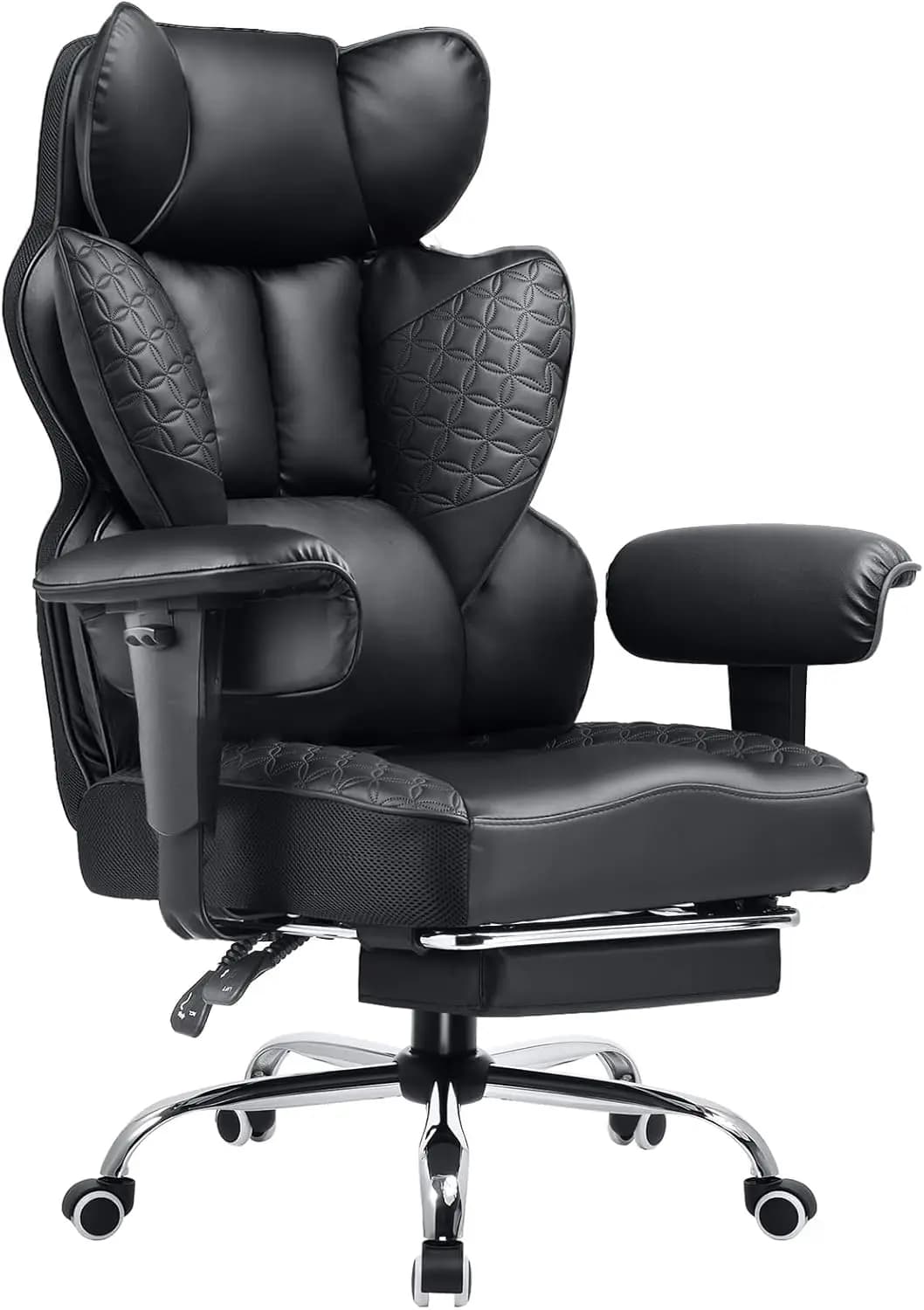 Sedia da Gaming Ergonomica Larga con Poggiapiedi, Reclinabile, Braccioli Regolabili, Supporto Lombare, Cuscino, in Pelle