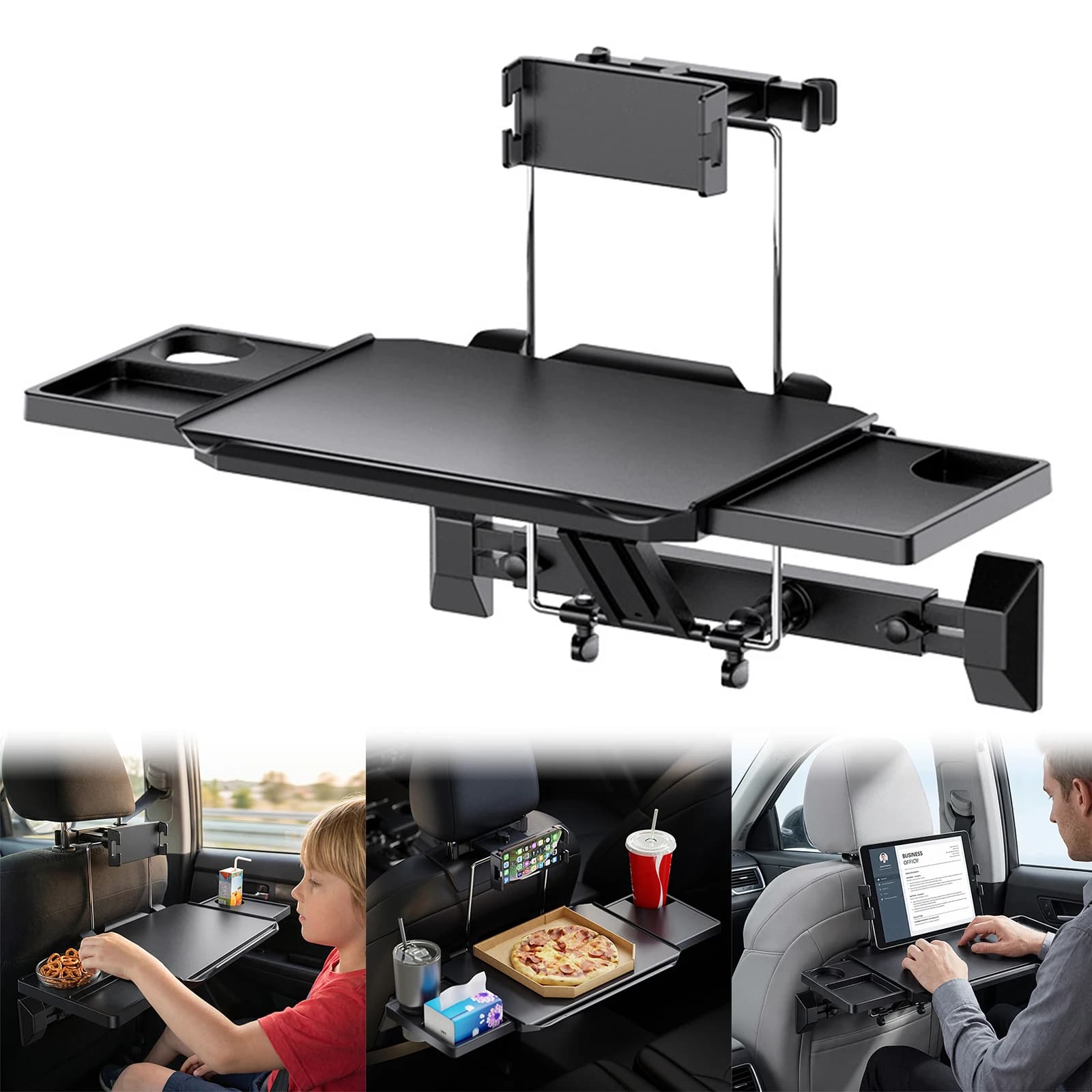 Folding Table for Seat Rear with Phone Support, Anti-slip Food Tray, Laptop Multifunctional Desk, Ideal for Travel, Camper and Road Trips