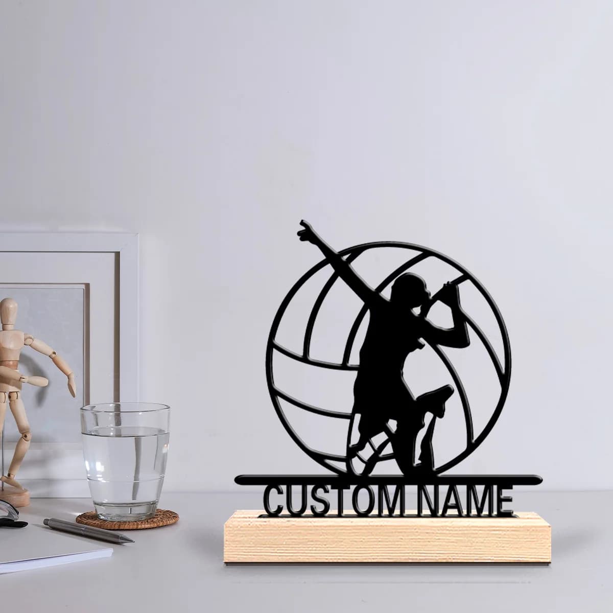1 custom metal statuette with wooden base and lighting, themed volleyball player, ideal for office, workshop, modern rustic style, Steampunk.