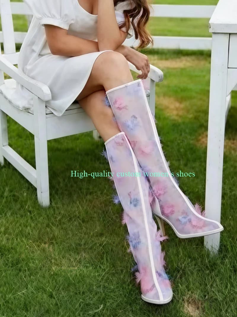 Stivali Alti da Donna Impermeabili con Plateau Trasparente, Decorazione a Farfalla Rosa e Blu, Scarpe di Lusso per Donne