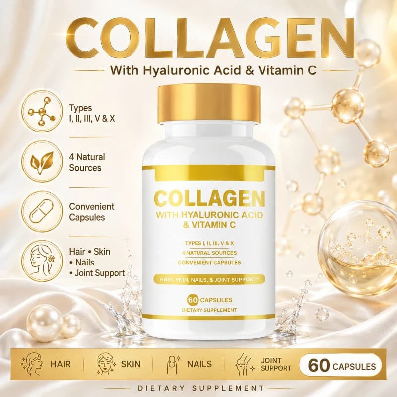 Collagen Capsules with Hyaluronic Acid and Vitamin C Multi Types I II III V X Beauty Supplement for Skin Nail Hair 60 Capsules