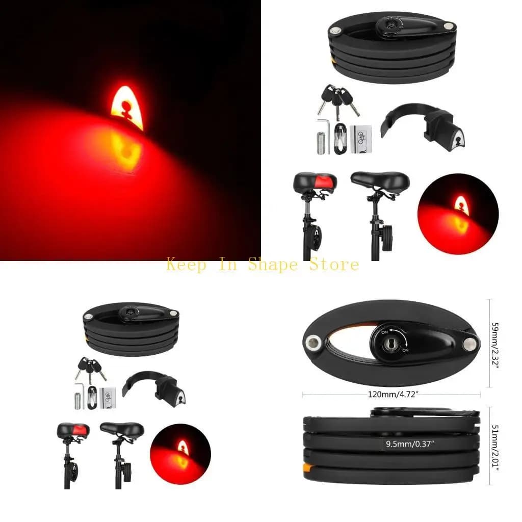 U1JC Lucchetto sicurezza per bici con lucchetto per bici pieghevole a 3 chiavi con luce posteriore, staffa montaggio
