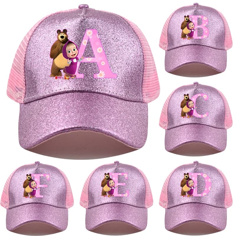 Cappellino da baseball Mashas and The Bear da donna, alla moda, rosa brillante, in rete, con stampa di cartoni animati e cinturino regolabile in velcro