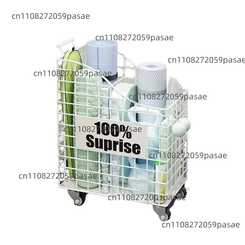 Sports and fitness equipment rack with storage basket for yoga mats, badminton racks and foam balls, loose packaging