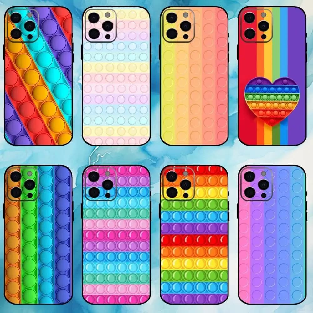 Pop Fidget Reliver Stress Toys Custodia per telefono arcobaleno per iPhone17,16,15,14,13,12,11 Plus,Pro Max Soft Black Cover