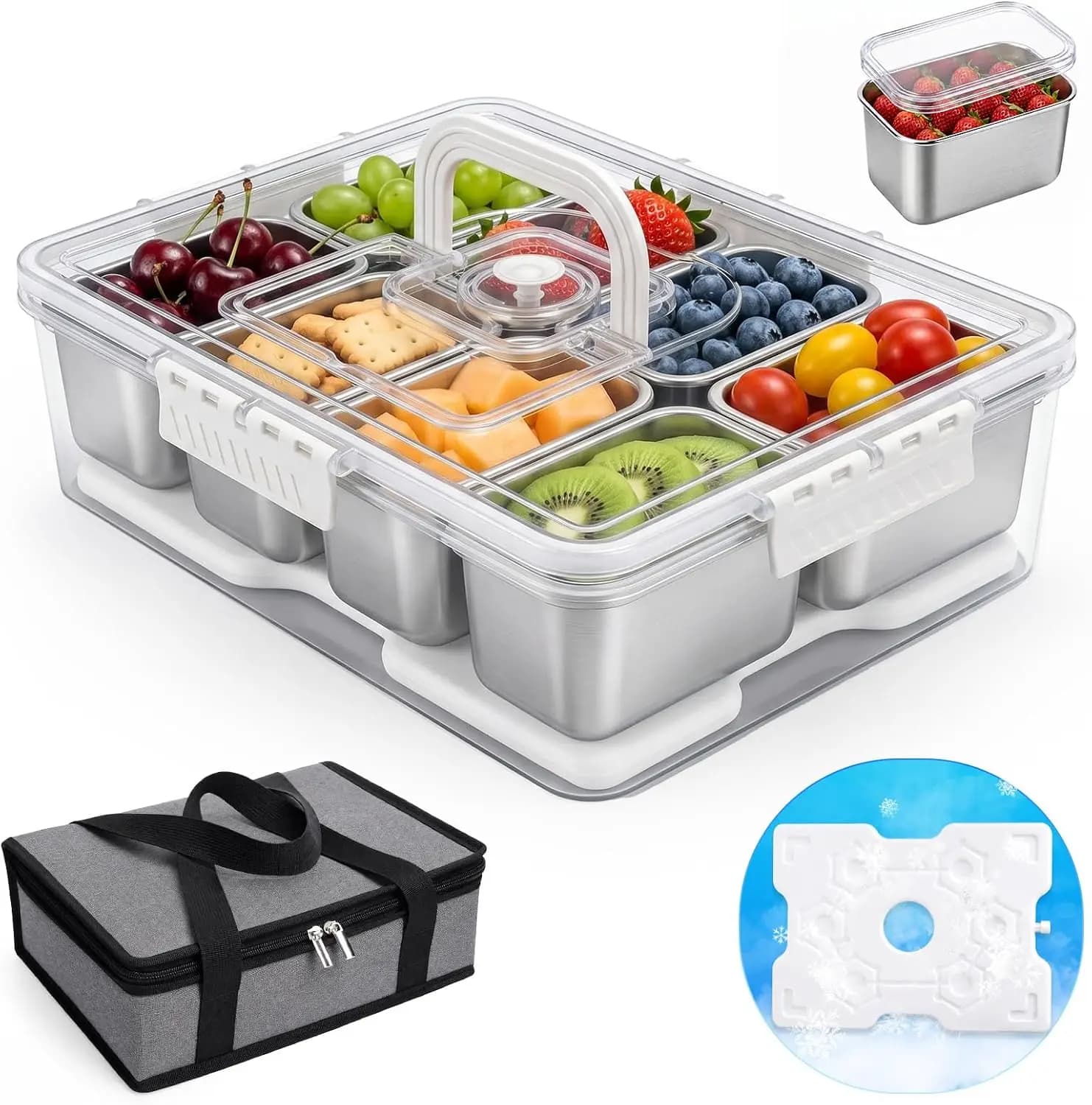 Snackle Box Container with Ice-Pack, Snack Container Divided Serving Tray with 8-Compartment Snack Platter, Lid and Handle, Food Organizer for Outdoor Travel Party Beach Picnic