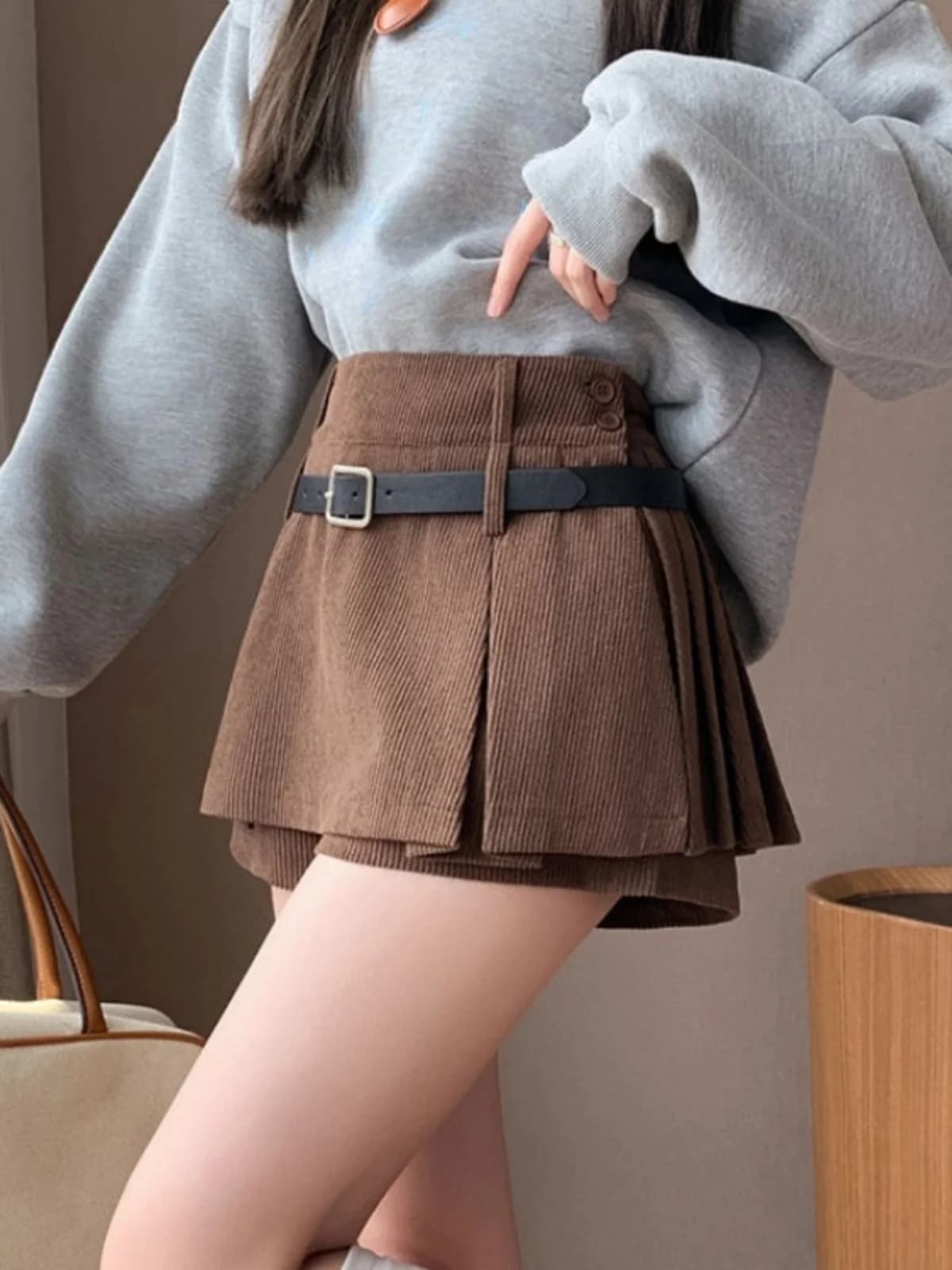 Gonna pantalone in velluto a coste da donna, autunno inverno, a gonne incrociate, con effetto finto due pezzi, fantasia scozzese, a vita alta, per look a strati, stile bootcut