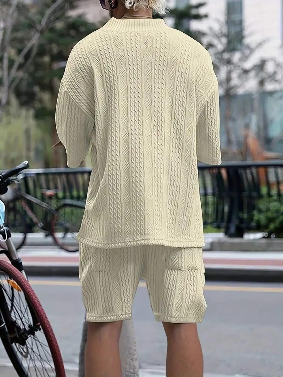 Set da uomo casual con t-shirt a maniche corte in maglia e pantaloncini con motivo geometrico