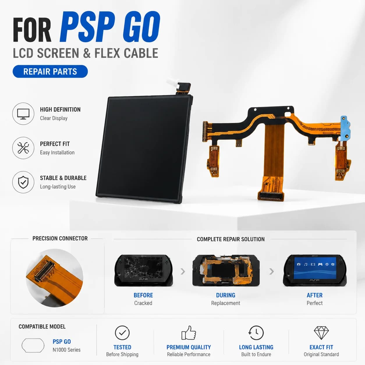 LCD Display Screen/Flex Ribbon Cable For PSP GO Game Console Cracked Screen Replacement HD Clear Screen Module For DIY Repair