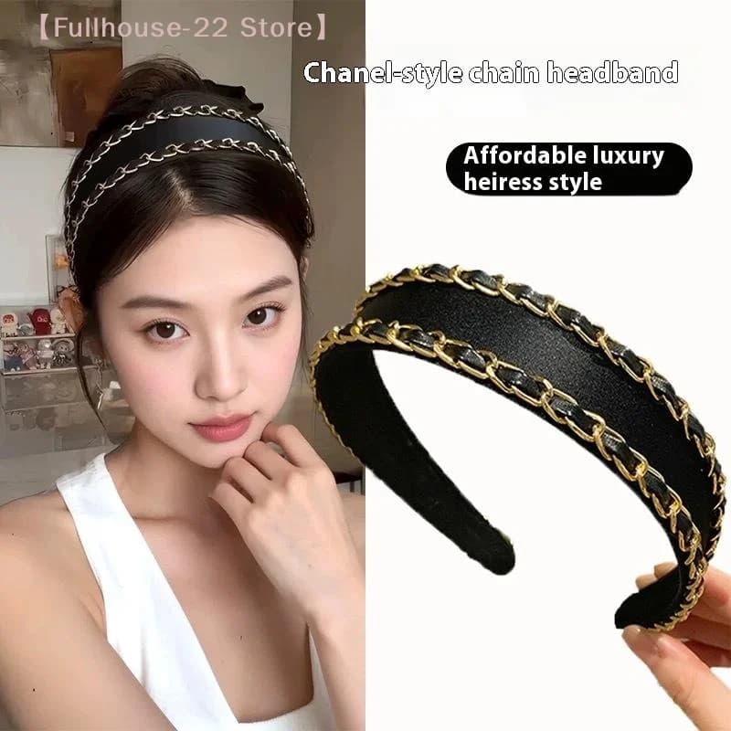 【MAX-22】Fascia per capelli nera con catena a bordo largo, elegante, da donna, per uso quotidiano, per lavarsi il viso, fermacapelli alla moda, accessori per capelli