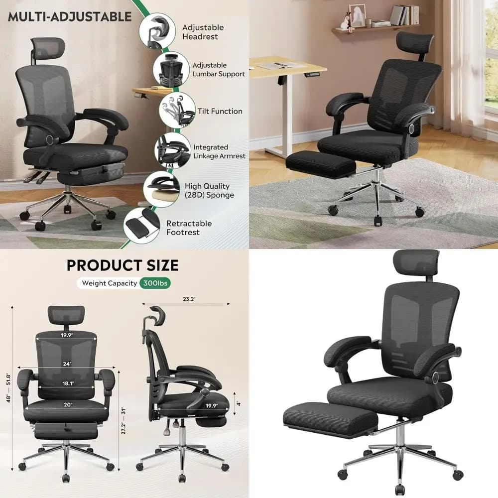 Sedia ergonomica in rete con schienale alto e poggiapiedi, supporto lombare regolabile per grandi e alti, sedia da scrivania reclinabile, nera