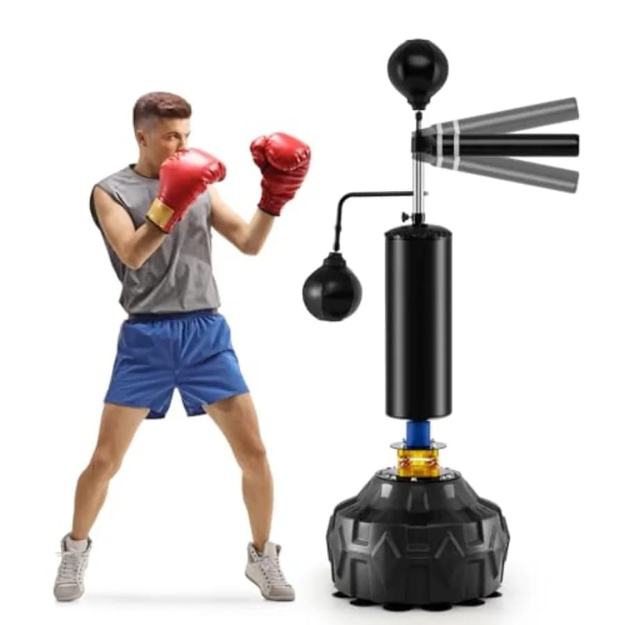 Self-supporting boxing bag with 2 Quick Balls, Swivel Bar and Height Adjustable Support for Kickboxing Training