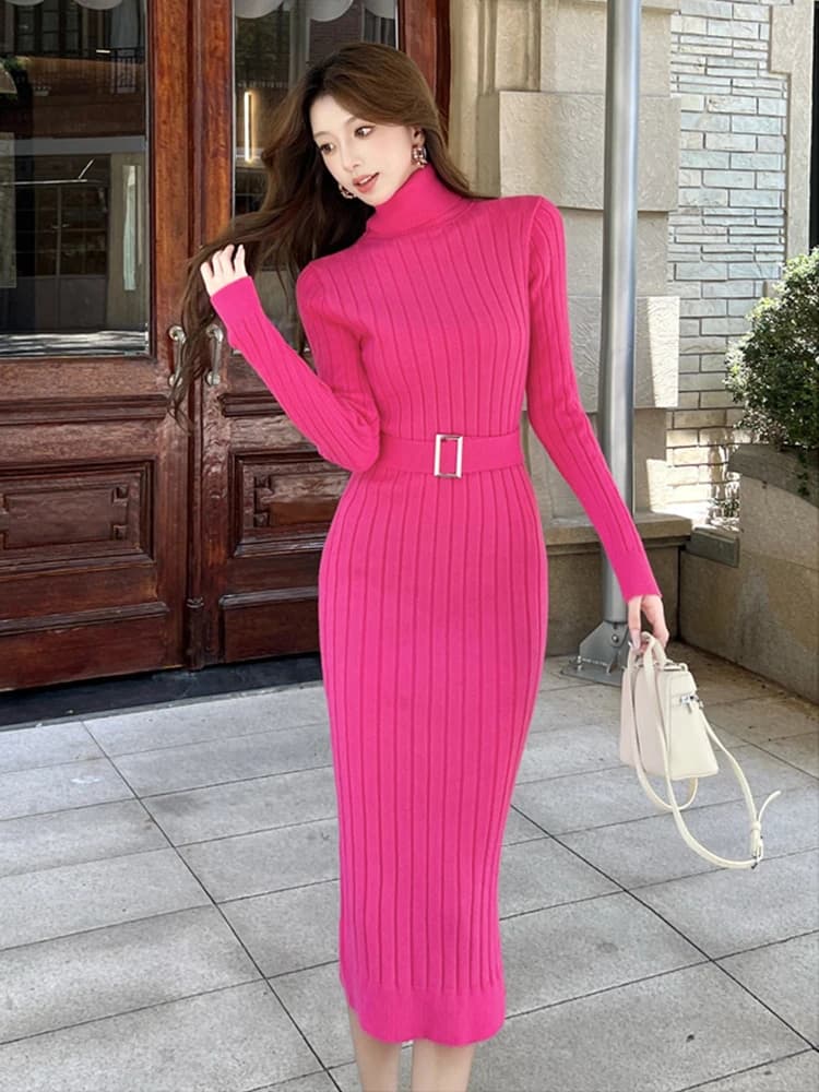 Women Street Clothes Sweater Casual Knitted Simple Solid High Neck Belt Skinny Bodycon Stretchy Dress Elegant Lady Vestidos New