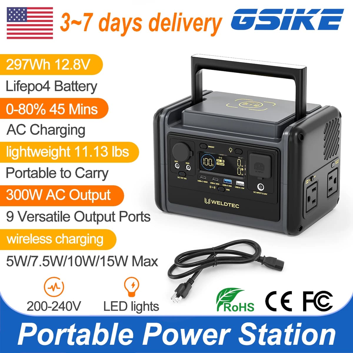GSIKE Portable Power Station 300W Peak 600W 297Wh LiFePO4 120V Pure Sine Wave, Wireless Charging & Emergency Light for Camping Home Emergency RV Outdoor