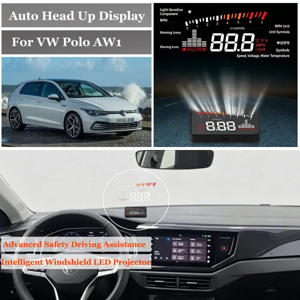 Car Head Up Display HUD For Volkswagen VW Polo 6R 6C (MK5) AW1 (MK6) 2009-2026 Windshield Projector Speedometer Odometer RPM