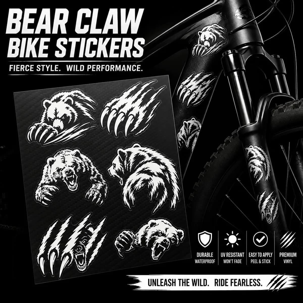 6Pcs Bear Claw Bike Stickers Waterproof Reflective Vinyl Decals Bear Head Graphics for Bicycle Frame Fork Helmet Bottle Parts