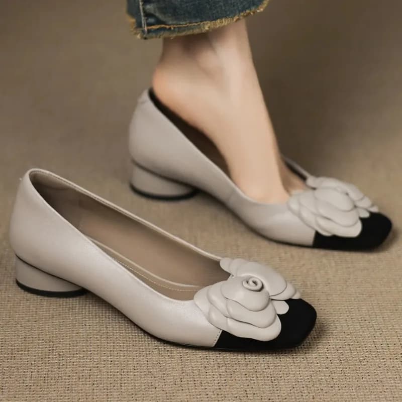 Plus Sizes 34-41 décolleté slip-on patchwork color mixed women's sheepskin decoration floral style OL dress slim daily shoes with warm heel