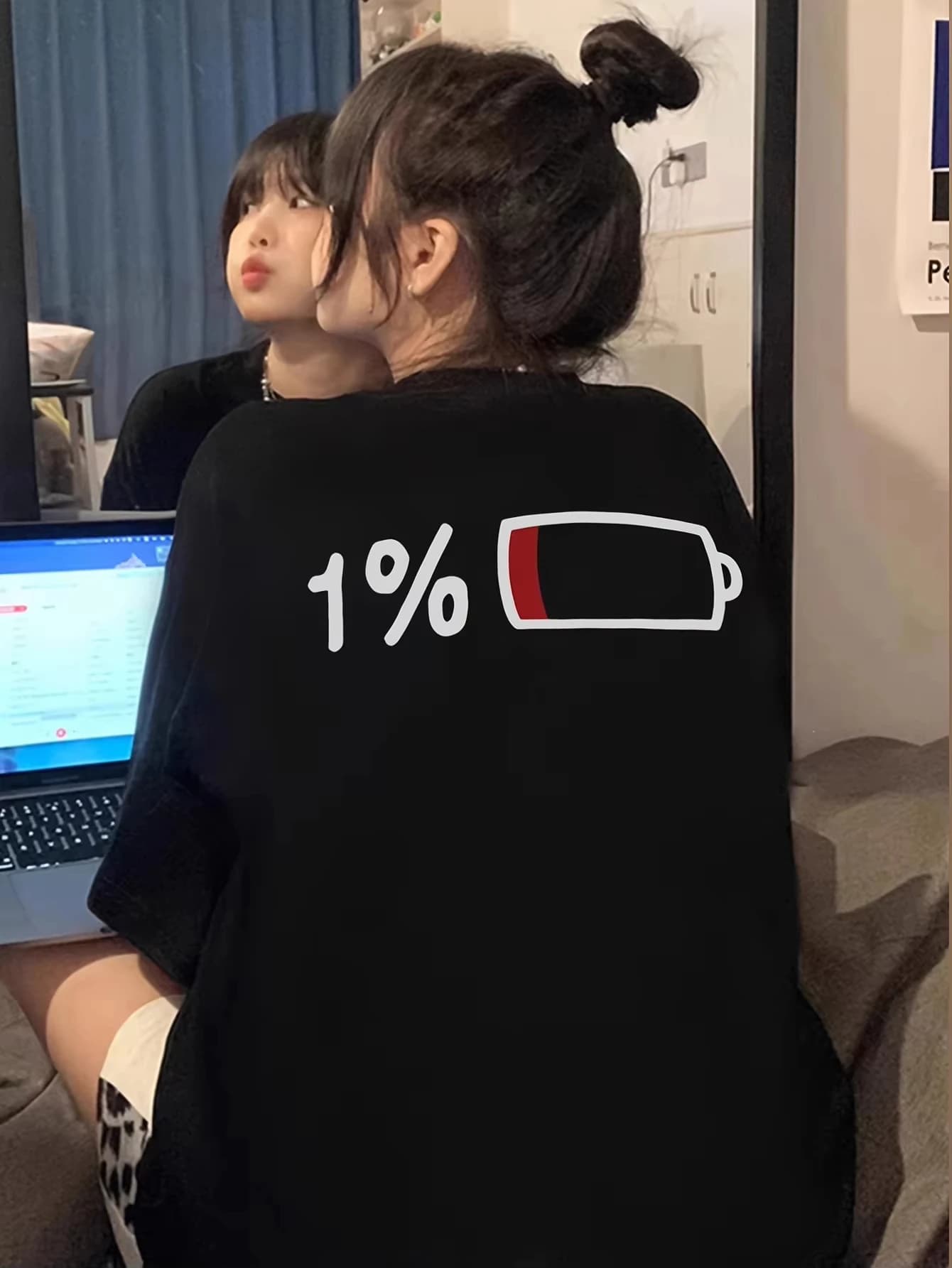 2026 Summer Men's and Women's Summer Casual Elegant Loose Long T-shirt with 1% Battery Graphic Print - Black Round Neck Short Sl