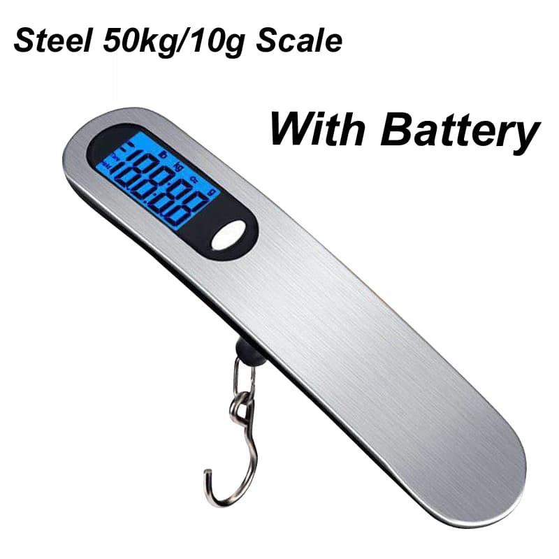 Elettronica in acciaio digitale LCD portatile 50Kg 10g appeso pesi da pesca tasca bagagli bilance da laboratorio + batteria CR2032