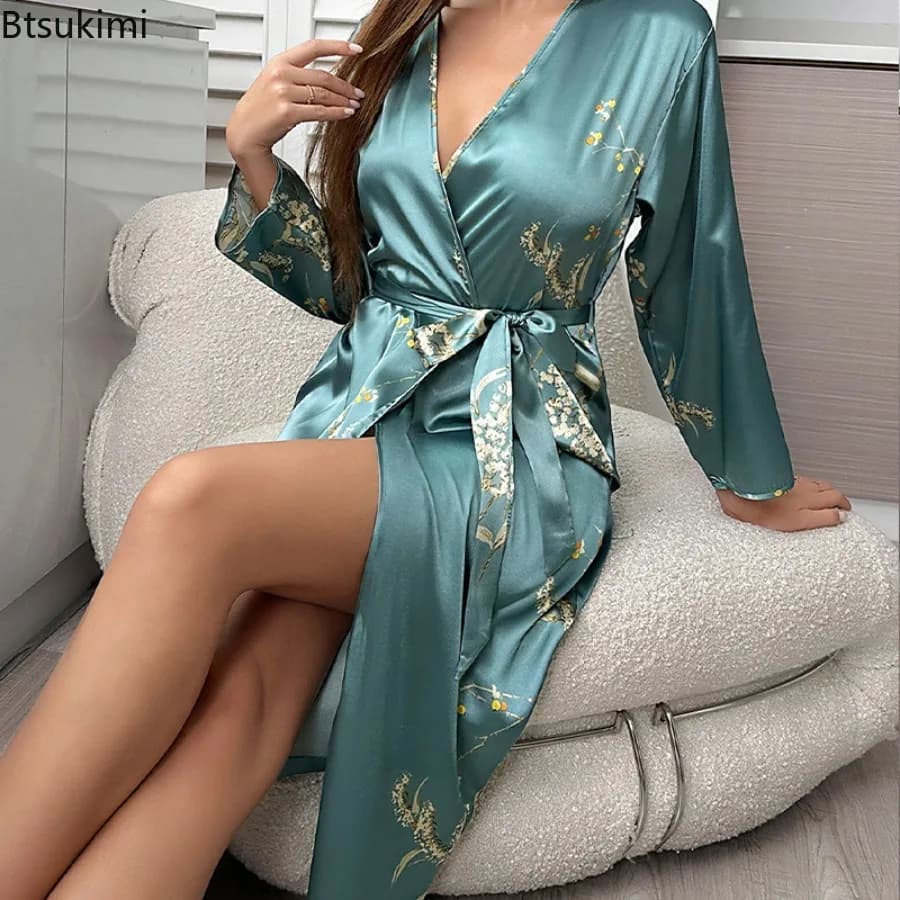 2026 Women's Summer Sexy Loose Ice Silk Home Dressing Gown Print Cherry Nightgown Long Kimono Bath Robe Gown Sleepwear for Women