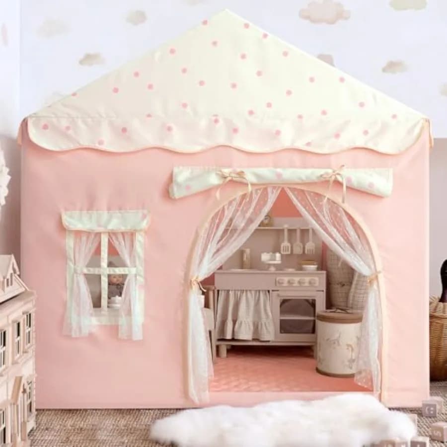 play tent for indoor outdoor use, polyester fabric in pink and white, lightweight portable with double door and included mat
