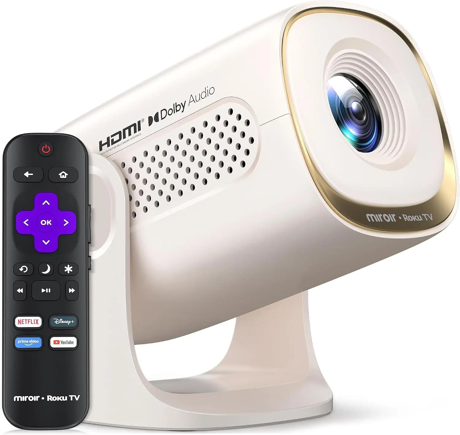 Smart Projector with Roku TV, WiFi, Bluetooth, 150 ANSI, Dolby Audio, Auto Keystone, 270° Stand, Portable Mini for Movies