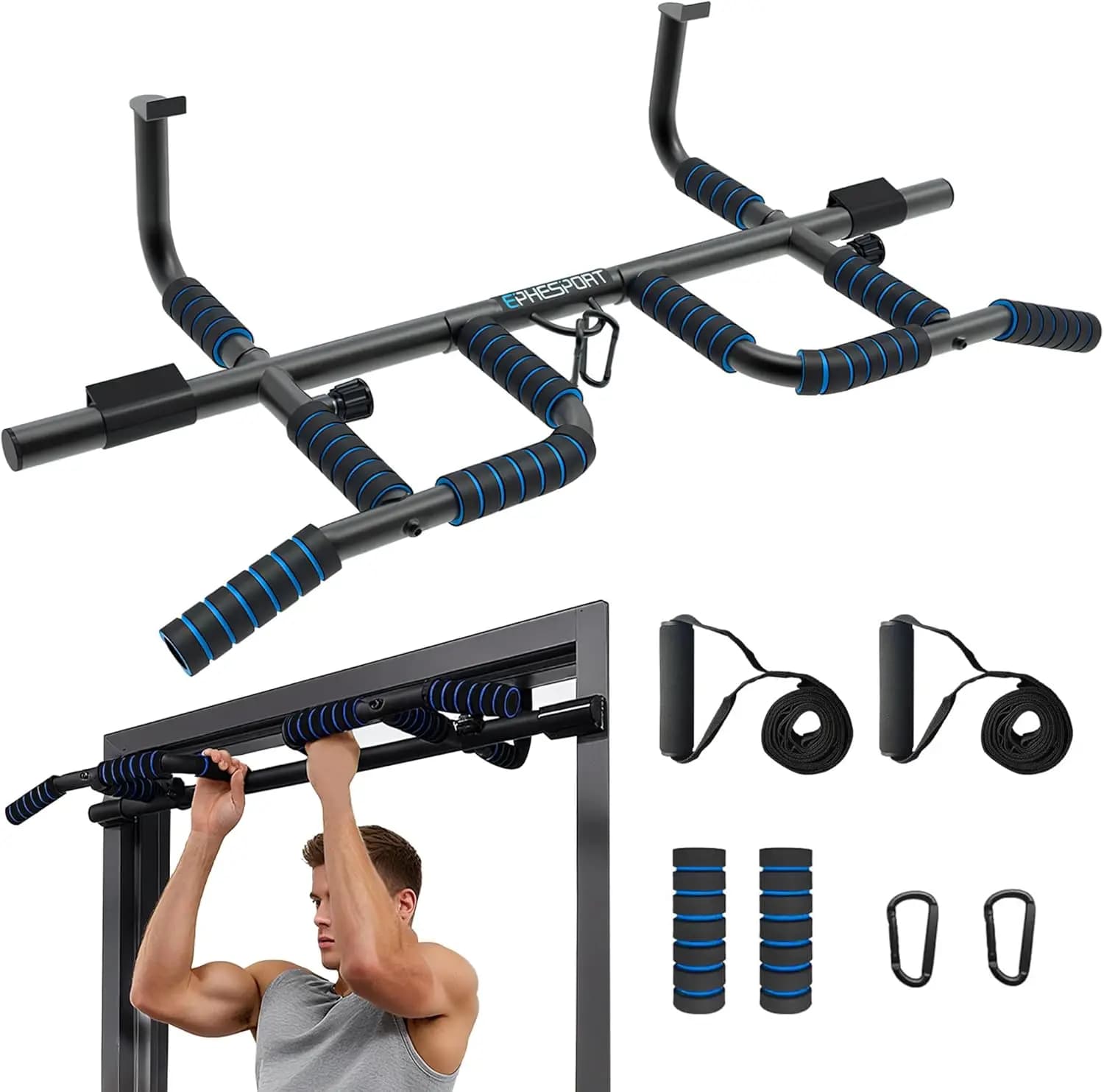 New Version Traction Bar with Resistance Bands, Screwless Traction Bar for Door, Ergonomic Handle, Original Design Patented USA, 4