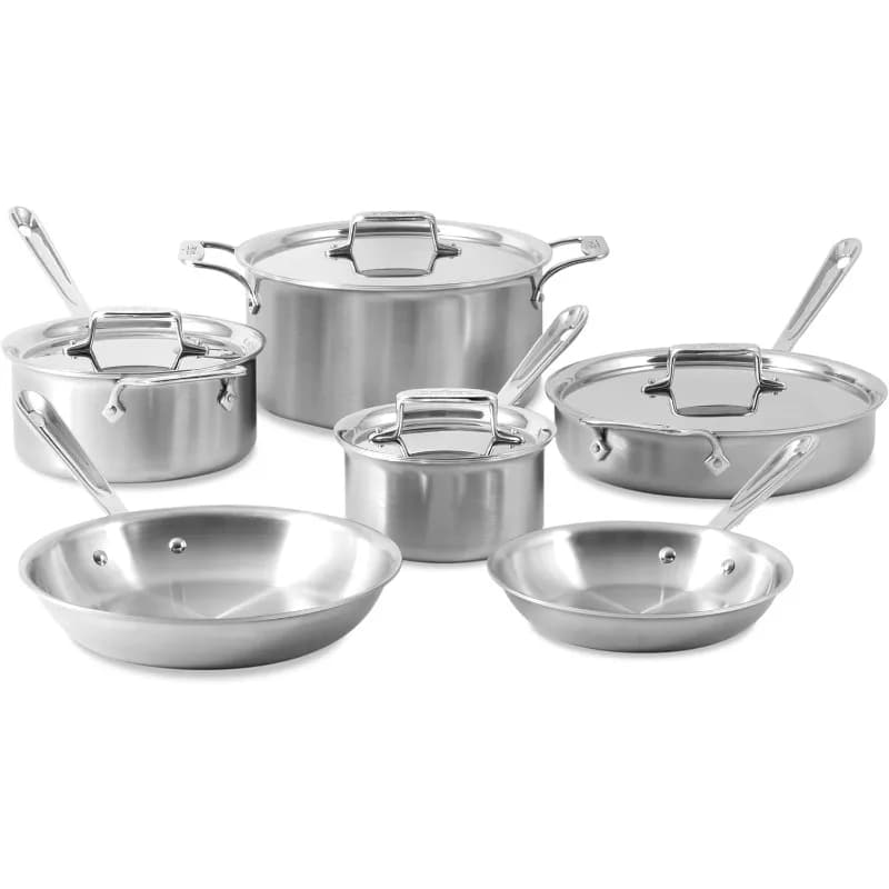 5 layers brushed stainless steel pot set, 10 pieces with pans, set of pots and pans, induction, safe for meat oven