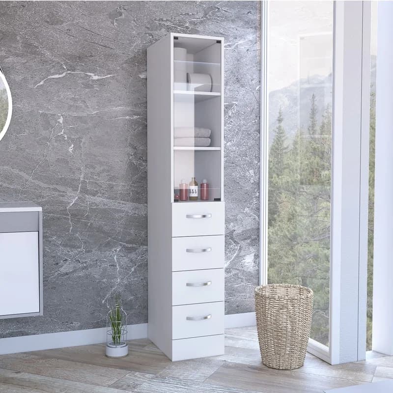 68" White Linen Cabinet with 3 Shelves 4 Drawers Metal Handles