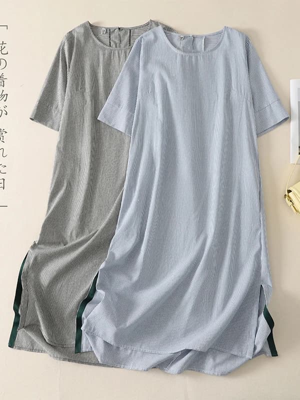 Casual Cotton Linen Mid-Length Sleeveless round Neck A-Line Dress Summer 2026 Vintage Split Casual Striped Women's Dress
