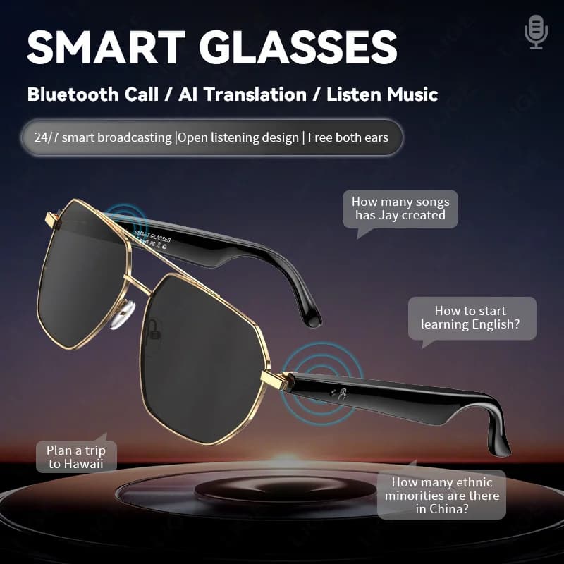 LIGE Smart Glasses AI Intelligent Translation Wireless Bluetooth Glasses Built-in Microphone Speakers Headphones Sunglasses for Men Woman