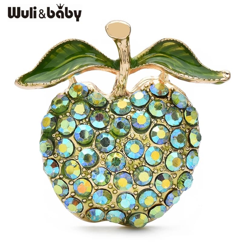 Wuli&baby Graziose spille a forma di mela verde in metallo con strass, spille a forma di frutta per abbigliamento da donna, spille per zaino, regali