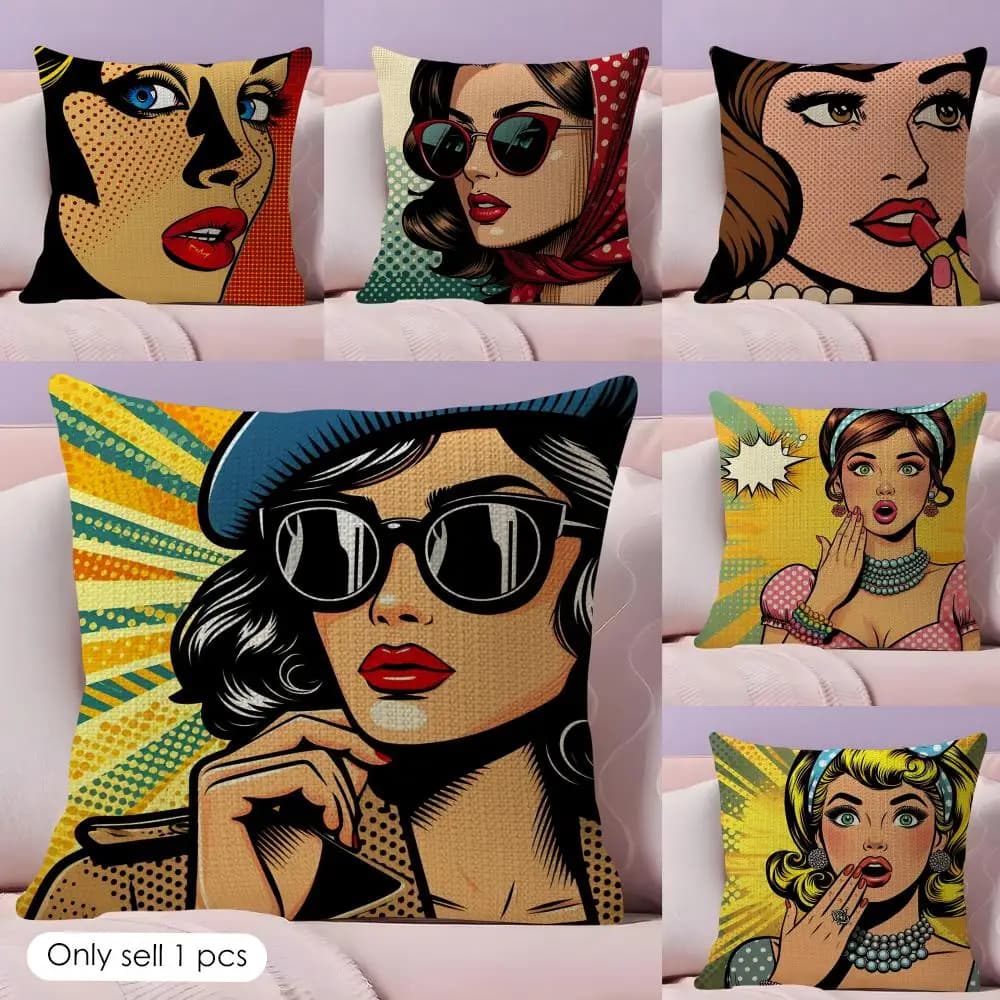 Art P-Pop Art Sexy Girl Copricuscino in Lino Naturale, Federa Decorativa con Stampa Fronte-Retro per Divano, Arredamento Casa, Regalo