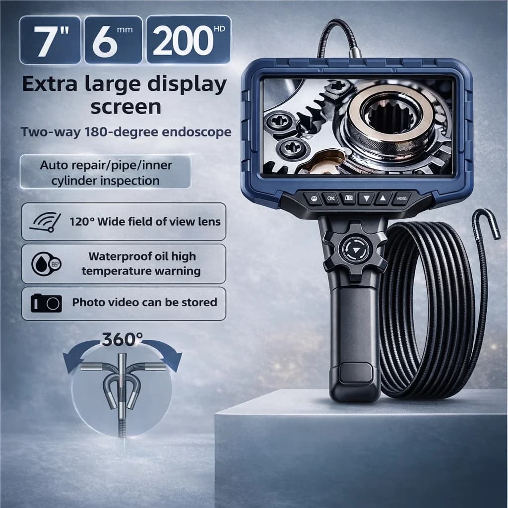 Endoscopio con Schermo IPS da 7 Pollici, 6mm 2MP 1080P, Articolazione a 360 Gradi, Telecamera CMOS per Ispezione, Otoscopio, Microscopio