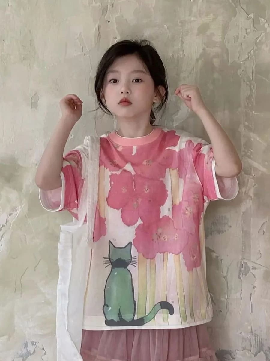Children's Short Sleeve T-Shirt Summer Wear Casual Print Base Shirt for Girls Big Kids Comfortable Breathable Casual Top