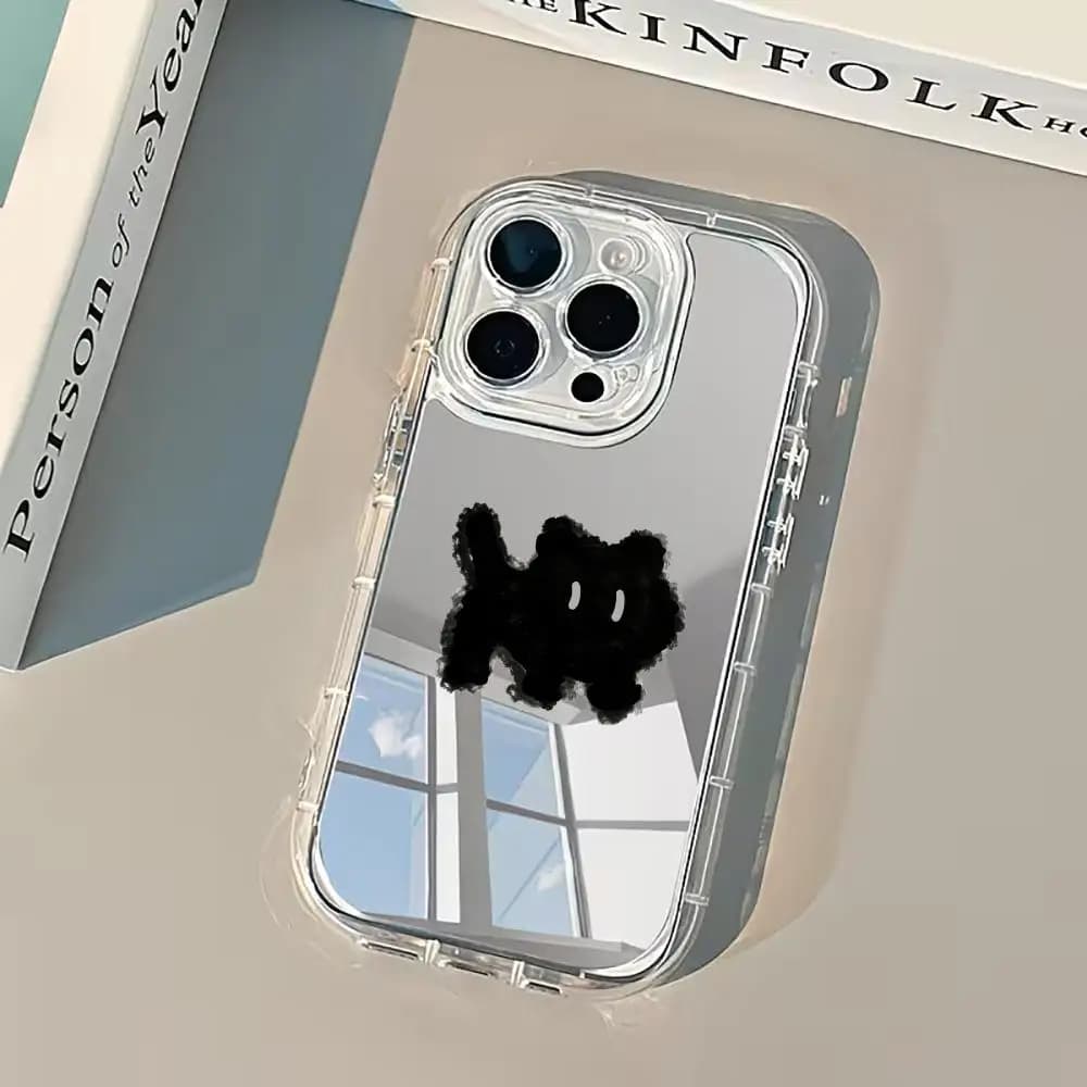 Fuzzy little black cat Mirror surface phone case for iPhone 17、16、15、14、13、12、11pm Pro Plus With a mirror surface Dropresistant