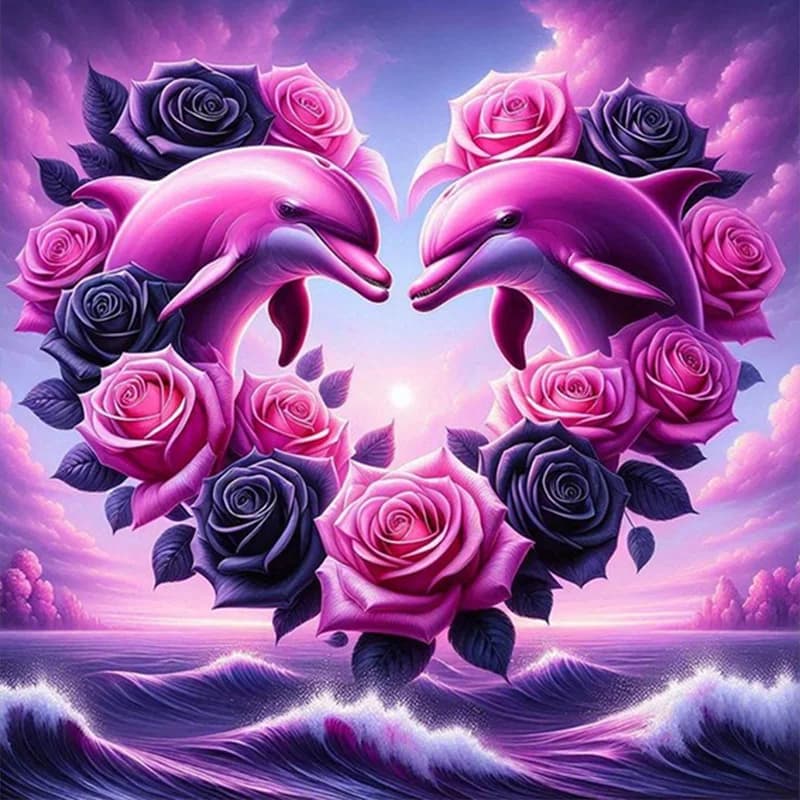 1pc Dream Dolphin Rose Diamond Painting Kit, Purple Romantic Heart-Shaped Decorative Painting, Round Acrylic Diamond Art