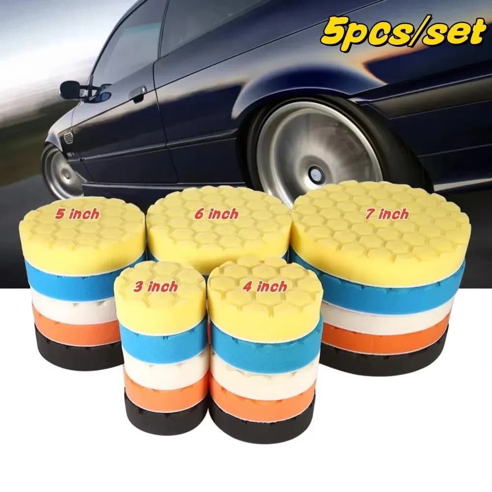 Set di 5 Tamponi per Lucidatura Auto da 3/4/5/6/7 Pollici, Autoadesivi e Riutilizzabili, Spugne Circolari per Lucidatura e Ceratura