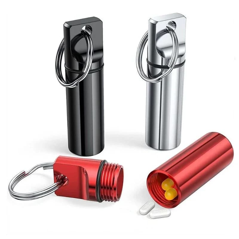 Aluminum waterproof pills with sealed container, flat head, alloy round cartridge and keychain for vitamin fish oils