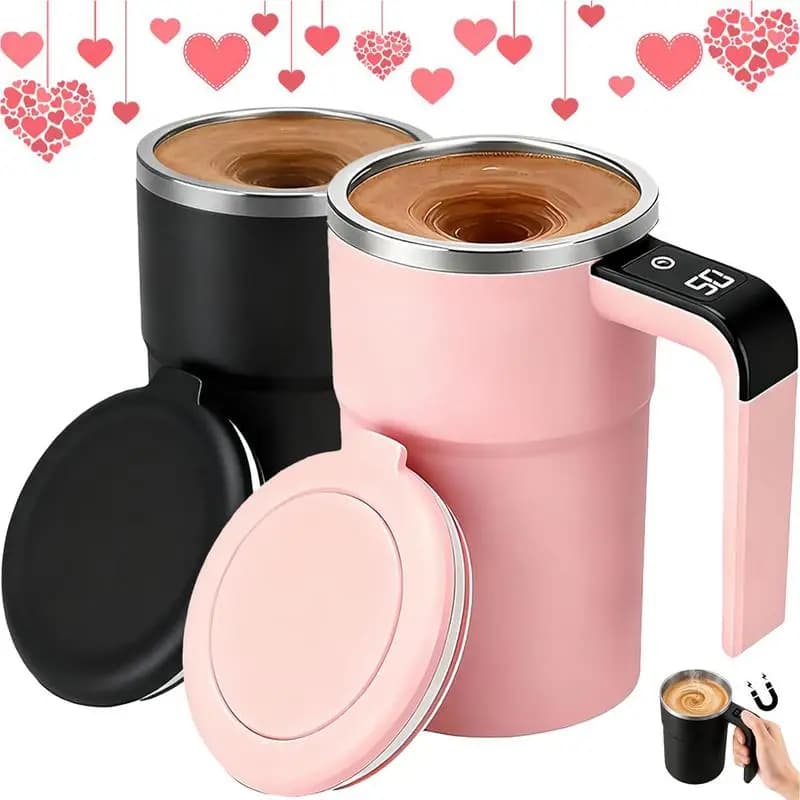 2 Pack Magnetic Self-Stirring Coffee Mug for Valentine's Day Gift | LED Temperature Display to Prevent Scalding, Food-Grade Stainless Steel, Rechargeable Battery, IP65 Waterproof, 13OZ(380ML) | Mixing for Protein Powder/Instant Drinks, BirthdayGift