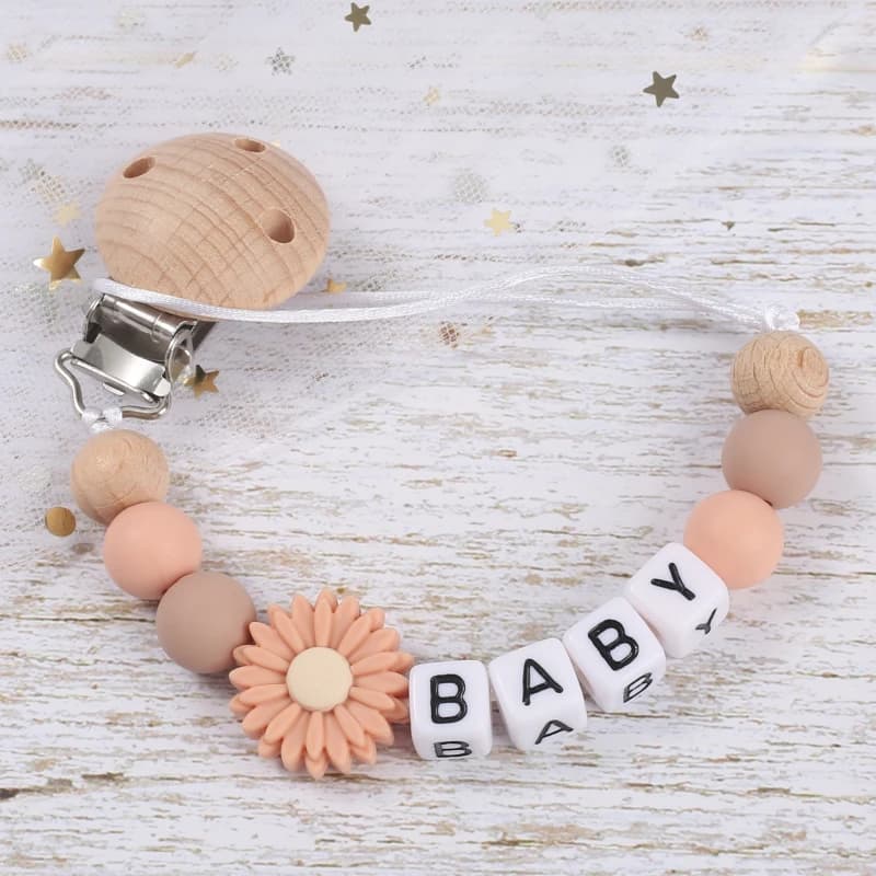 Catena personalizzata per ciuccio per bambini Catena porta ciuccio in silicone per margherita per clip per capezzoli per bambini in legno fatti a mano Giocattoli da masticare per allattamento