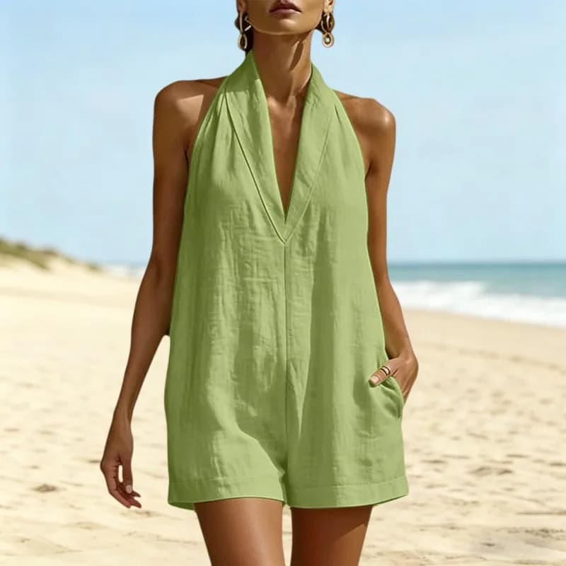 Cotton Linen Romper Women's Summer New Sleeveless V-Neck Shorts Jumpsuit Vacation Style Overalls with Pockets Woman Clothing